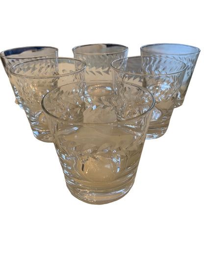 Set of 6 Vintage Glass Tumblers 7 oz Etched Design 3 1/4"h x 3 1/4"d