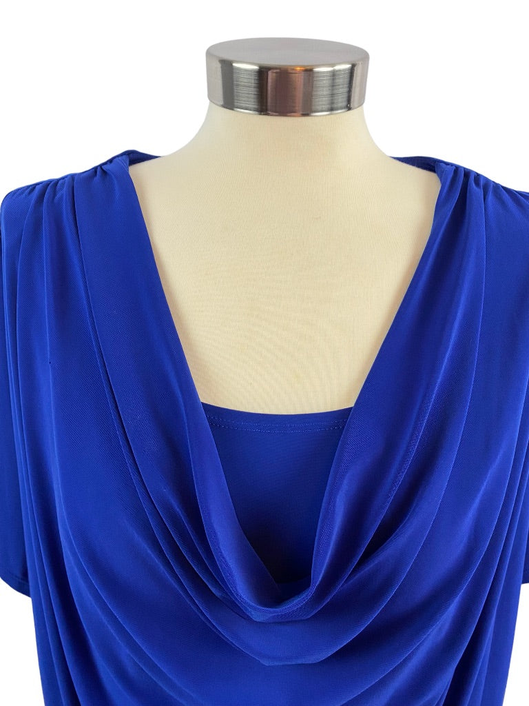 16 Dressbarn Women's Blue Drape Front Pullover Dress Short Sleeve Stretch Fabric