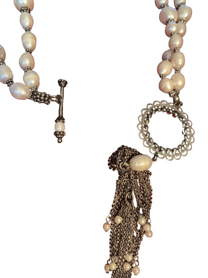 Double Strand Faux Pearl and Freshwater 20" Toggle Clasp Tassel 7"