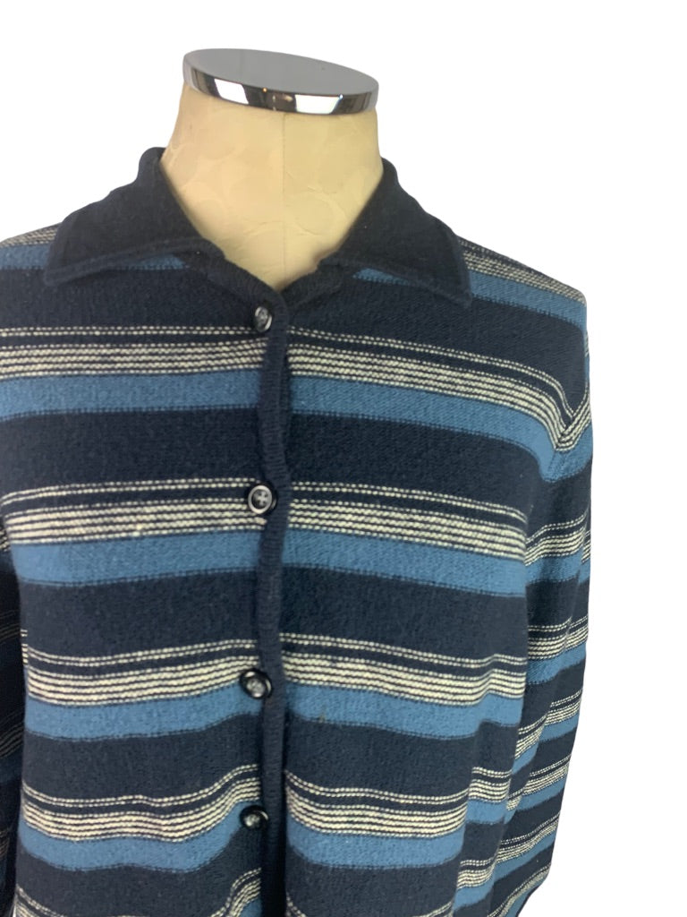 Large Pendleton Women's Blue Stripe Lambswool Cardigan Defect Collared Vintage 90s