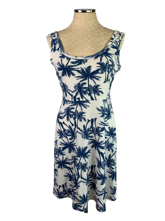 Medium Herou Women's White Blue Tropical Print Tank Dress Jersey Knit