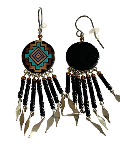 Tribal Painted Seed Bead Dangle Earrings