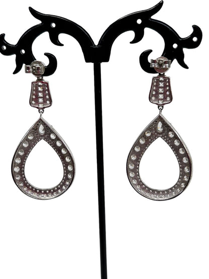 Rhinestone Teardop Earrings Silvertone 2" Drop Dangle Post Pierced Earrings