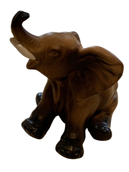 Vintage Lefton Elephant With trunk up Brown white black # H6980 3 3/4"