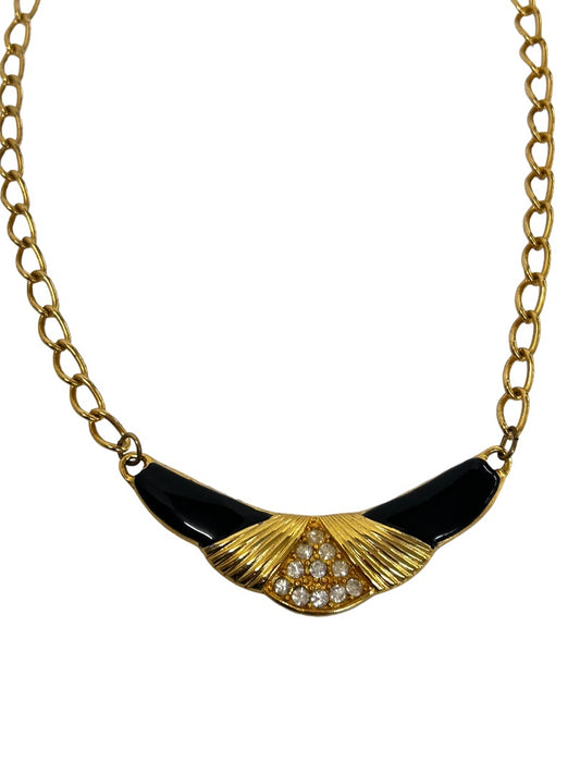 Vintage Black and Goldtone Crescent Shape 17" Necklace Lobster Clasp Closure