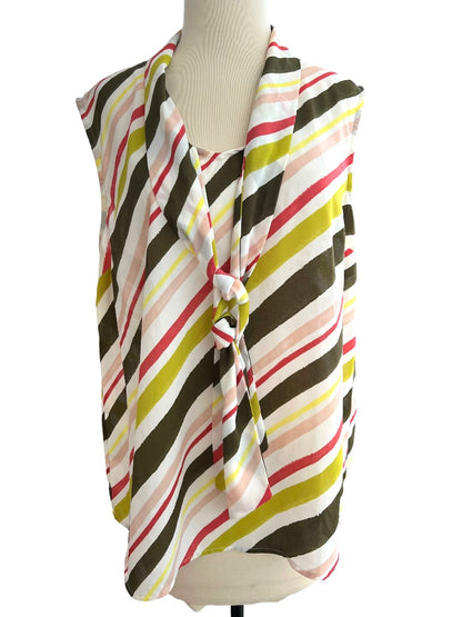 Nine West Sleeveless Blouse Necktie Diagonal Striped Greens Pinks Size Large