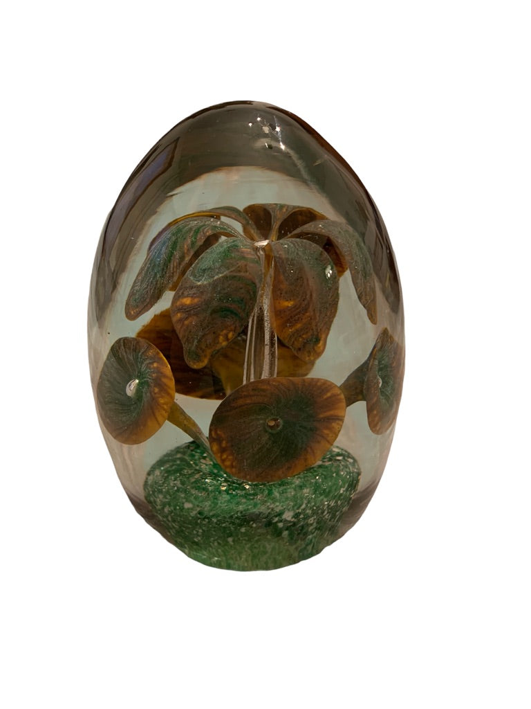 Vintage Egg Shaped Glass Paperweight Brown Green Flowers 3"d x 4.2"h