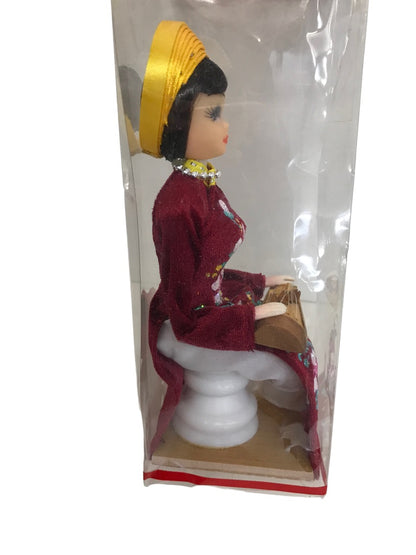 Traditional Vietnam 7" Doll Woman Playing Zither Yellow Hat Sitting