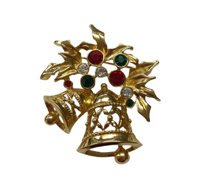 Vintage Goldtone Holiday Bell Brooch Red Green Details 2"