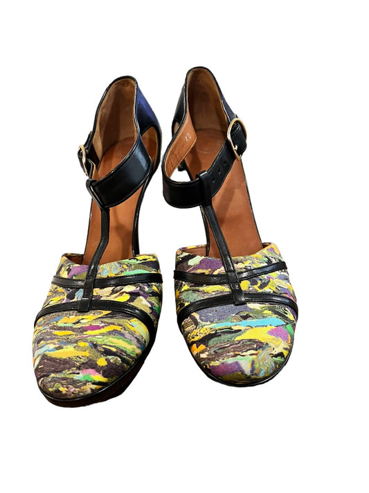 40 (9) Dries Van Noten multi Color T-Strap High Heels Close Toe Leather and Fabric EUC