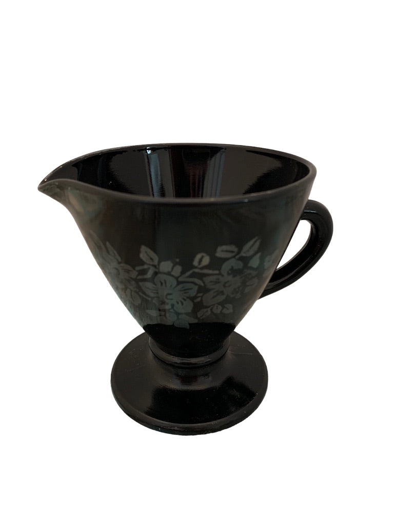 Vintage Black Glass Hazel-Atlas Floral Sterling Pedestal Creamer