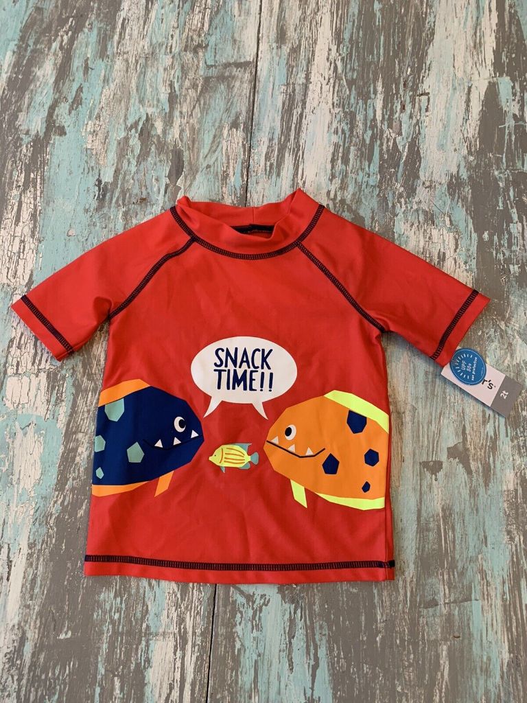 2T Carter's Boys Rashgaurd Swim Shirt Red "Snack Time" Fish UPF 50+ Sun Protection