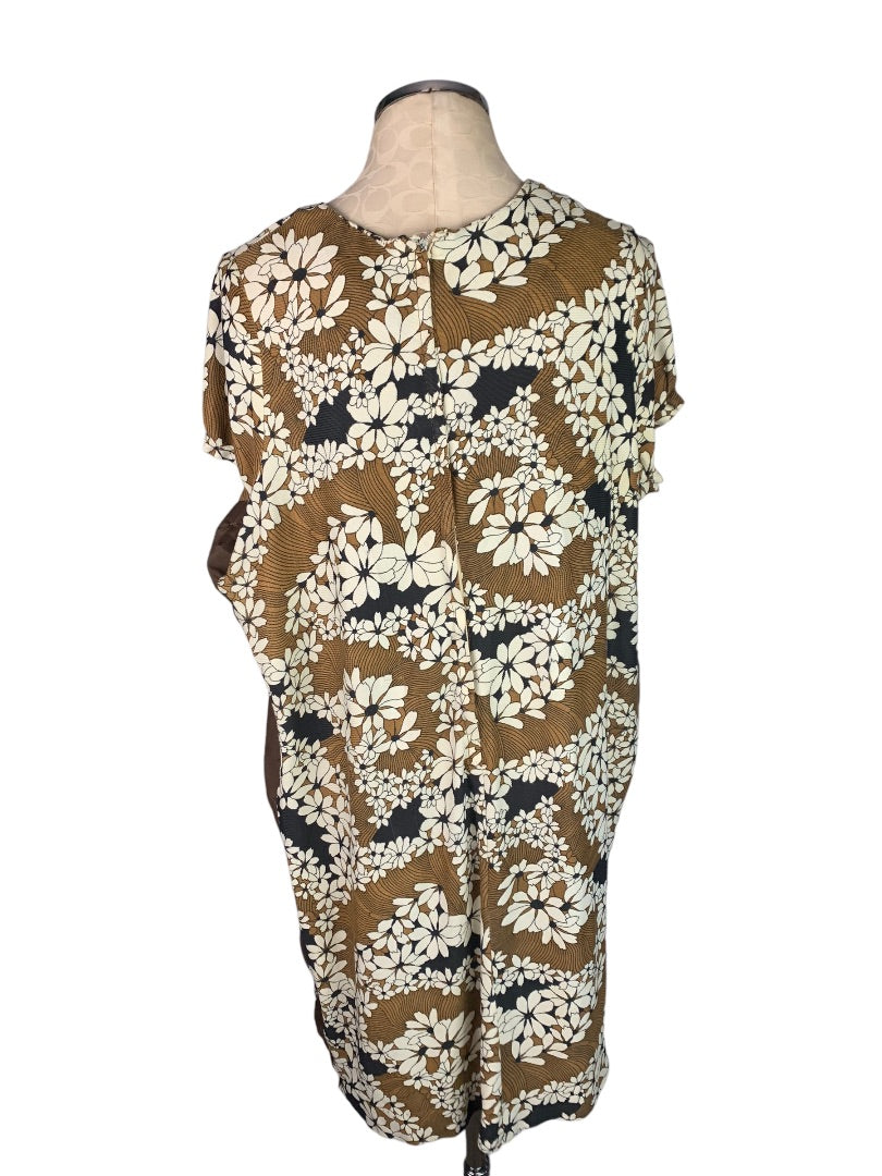 Vintage 1950s Handmade Plus Size Brown Shift Dress Floral Print Knee Length