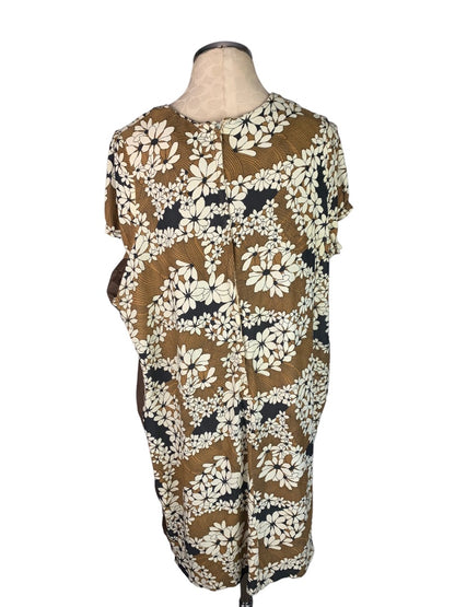 Vintage 1950s Handmade Plus Size Brown Shift Dress Floral Print Knee Length