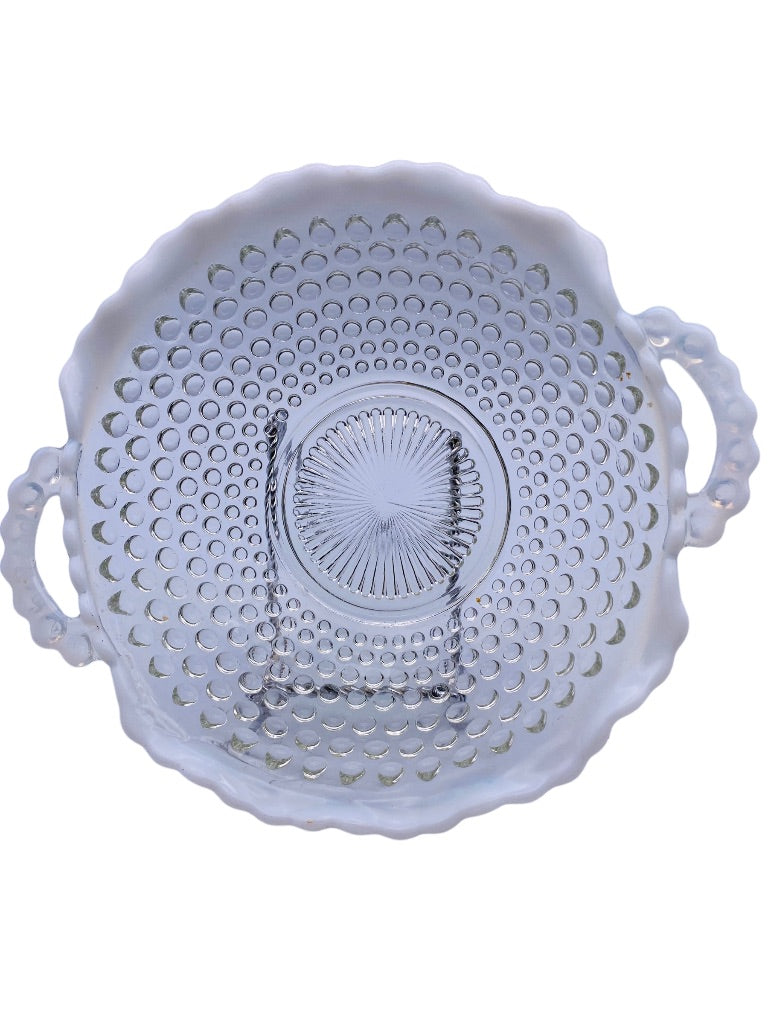 Vintage Anchor Hocking Moonstone Hobnail 6.5" Crimped Round Handled Bowl