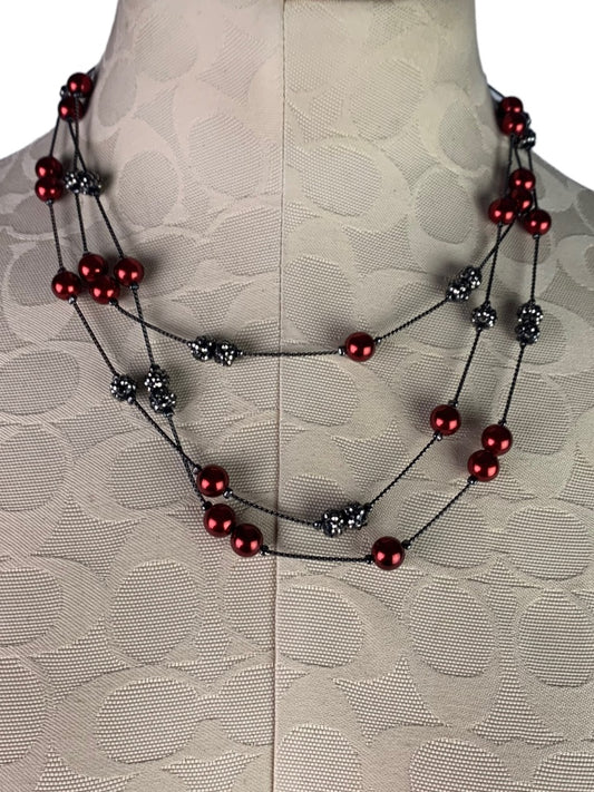 Signed RMN Triple Strand 16" Necklace Red Rhinestone Pewter Color