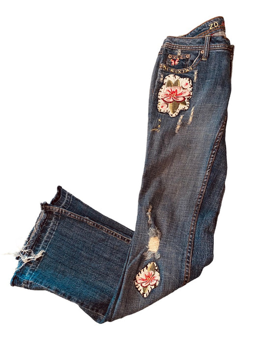 7 ZD Premium Denim Junior Women's Embroidered Floral Jeans Distressed Straight Leg