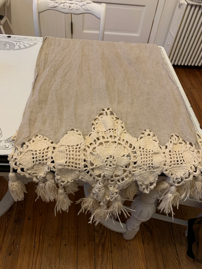 Linen Blend Tassel Crochet Table Runner 20.5" x 66" Boho Chic