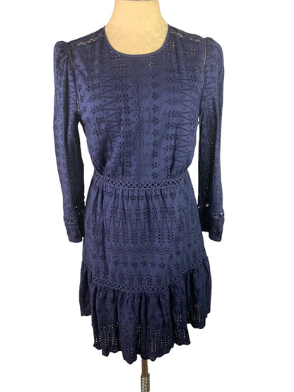 4 J.Crew Navy Blue Eyelet Flutter Hem Dress Long Sleeve H5957