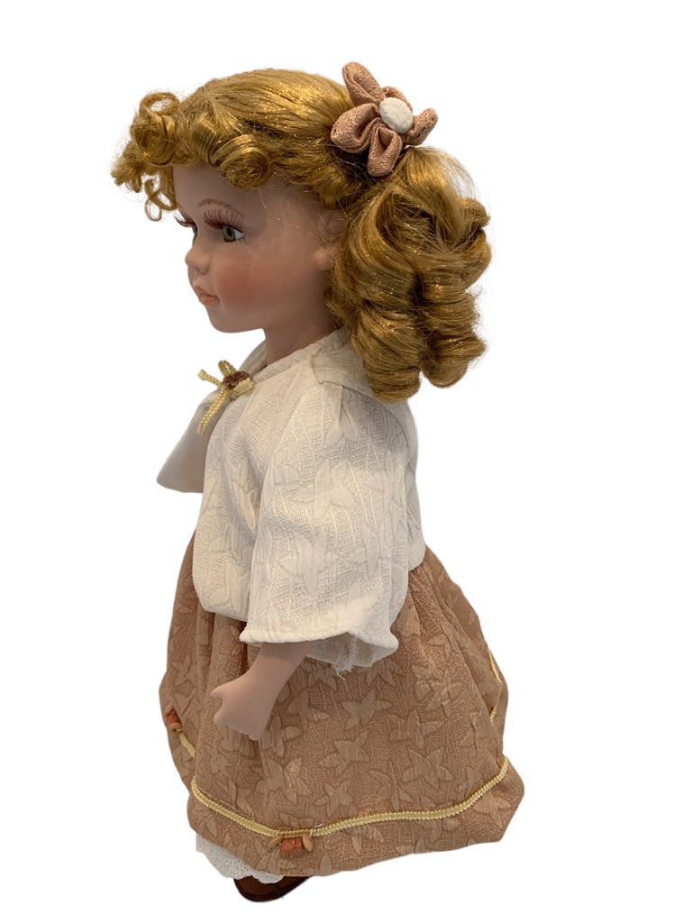 Vintage Porcelain Doll Victorian Girl Dress Style 16.5" h with Stand Strawberry Blonde Curls