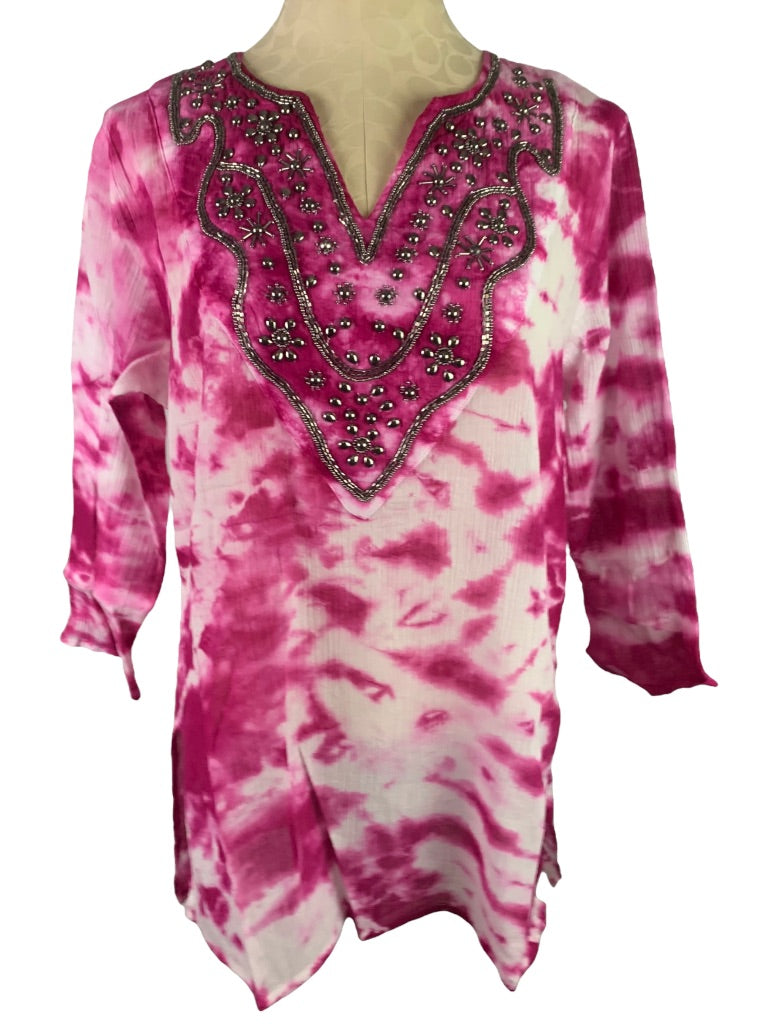 Large OSO Originals Tie Dye Fuschia Tunic New Beaded Neckline Lightweight