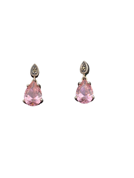 Sterling Silver Post Pierced 1" Drop Earrings Pink Artificial Pear Shaped Stone
