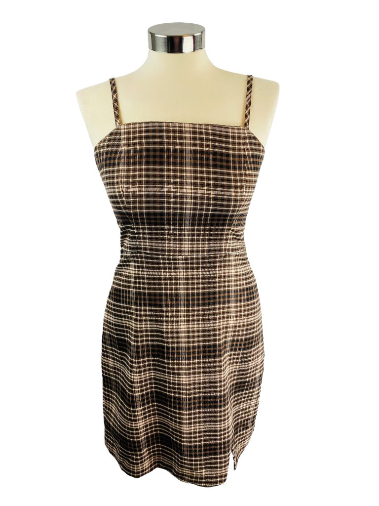 Small GB Women's Brown Plaid Spaghetti Strap Fitted Sheath Dress