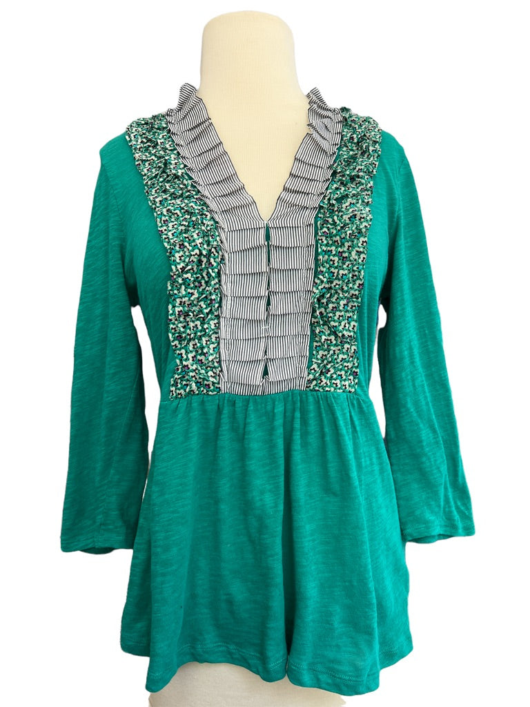 Small Deletta Anthropologie Tuxedo Ruffle Green Blouse Top