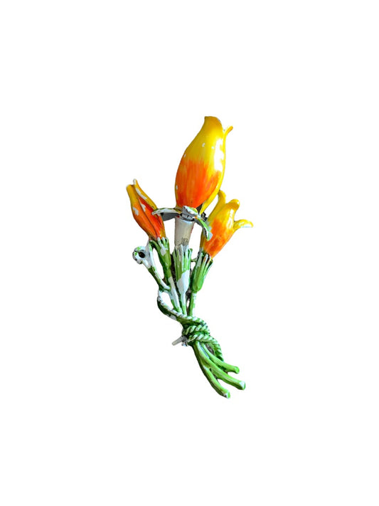 Vintage Yellow Orange Tulip Bouquet Brooch Enamaled Paint 1.5"