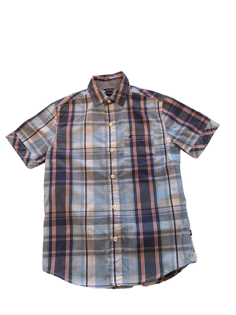 Medium (10/12) Nautica Boys Light Blue Plaid Short Sleeve Button Up