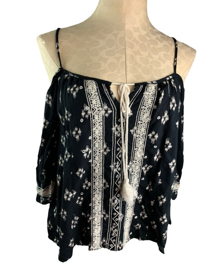 Small Band of Gypsies Women's Black White Boho Style Blouse Flowy