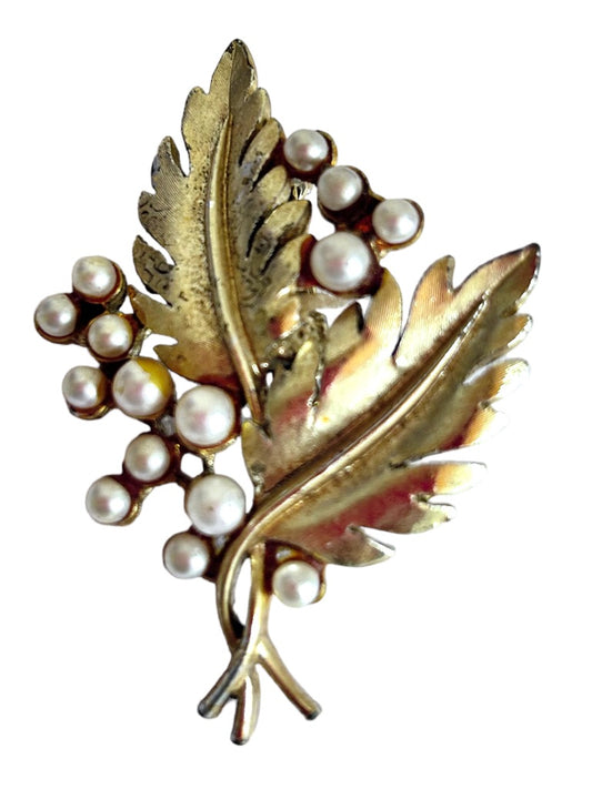 Vintage Goldtone Double Leaf Brooch Pin with Faux Pearl Details 2.25"