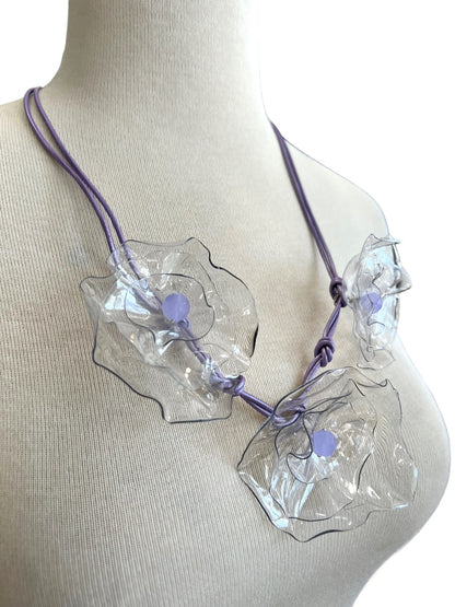 Upcycled Flower Statement Necklace Satin Cord Plastic Bottle Flowers Toggle Clasp