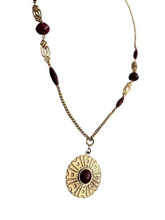 Sarah Coventry Goldtone Pendant Necklace Vintage Chain with Beads and Cabochon Aztec Native