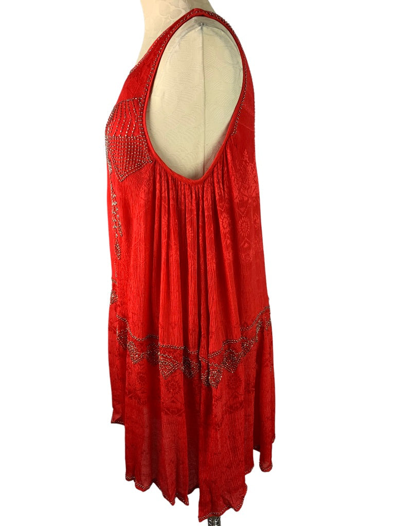 Medium Free People Red Layered Delilah Shift Mini Dress Beaded Sleeveless