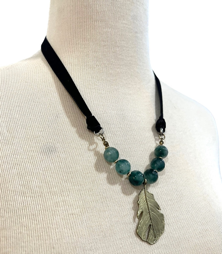 Blue Fluorite Stone Goldtone Leaf Necklace Velvet Tie Adjustable 36"