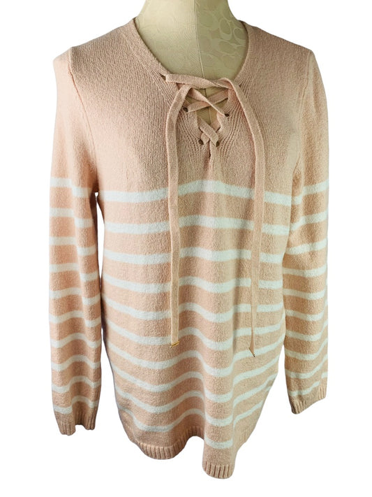 Small Calvin Klein Women's Pink White Stripe Lace Up Neckline Sweater