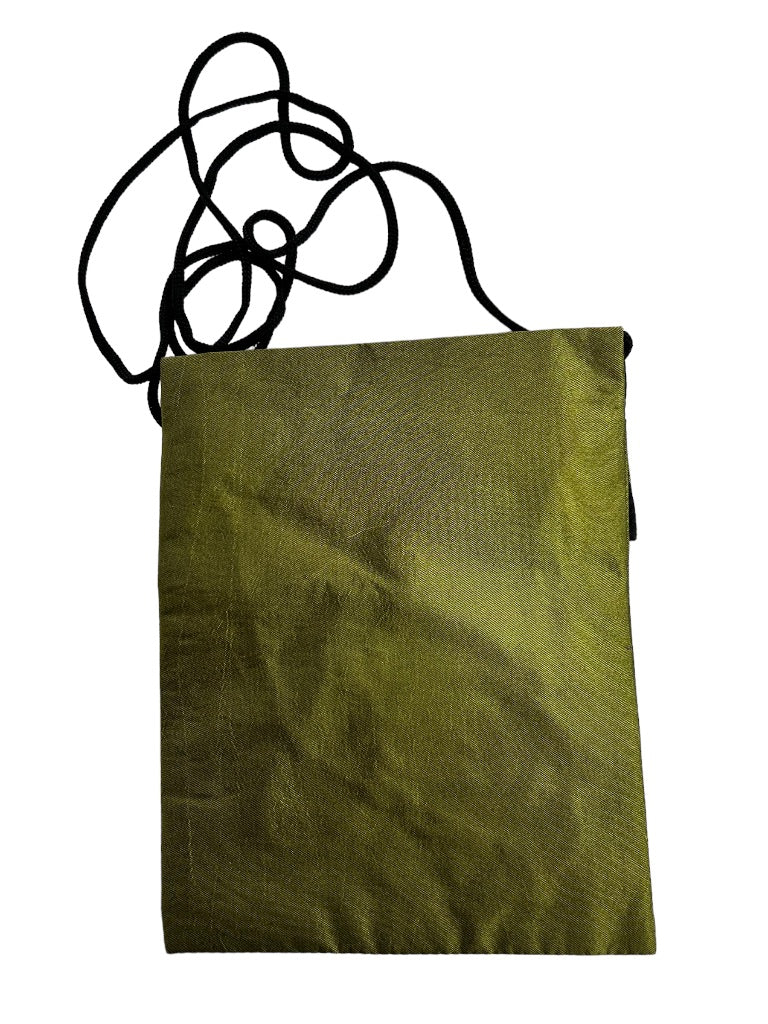 Green Gold Silky Crossbody Travel Bag Embroidered Dressy 6" x 8"