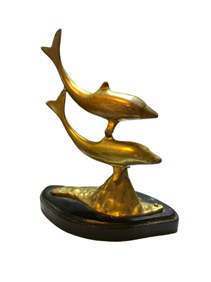 Brass Double Dolphin Porpoise Statue 6 1/4" Tall Figurine India Wood Base