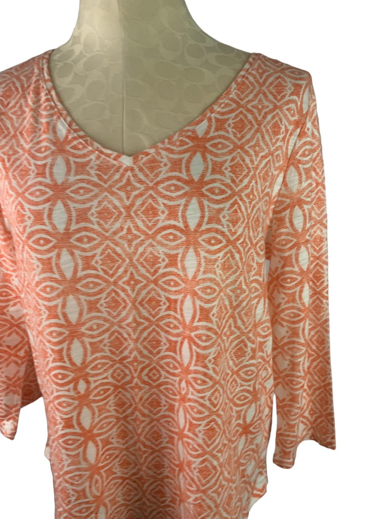 Medium Chico's (Size 1) Women's The Ultimate Tee Orange White Print V-Neck 3/4 Sleeve Top