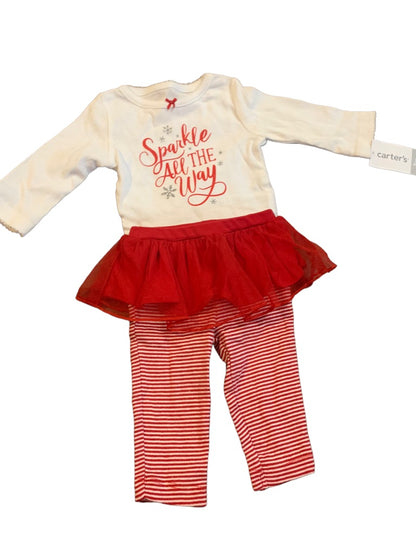 3 Months Carter's Baby 2 Piece Red White Girls Holiday Outfit "Sparkle All the Way"