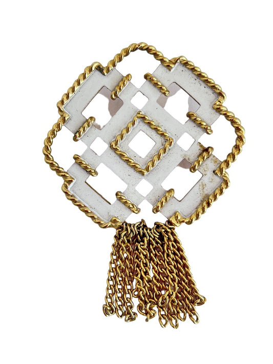 Vintage Signed Avon Brooch Geometric Design White Enamel Goldtone Metal Tassels