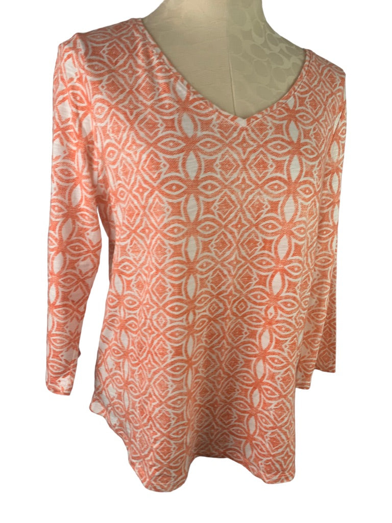 Medium Chico's (Size 1) Women's The Ultimate Tee Orange White Print V-Neck 3/4 Sleeve Top