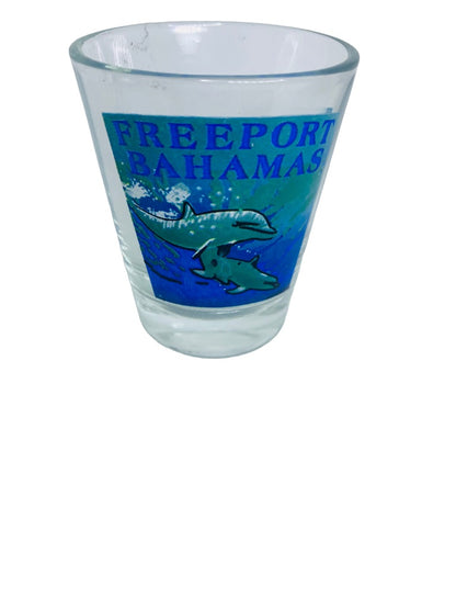 Freeport Bahamas Souvenir Shot Glass Blue Ocean Dolphins Barware