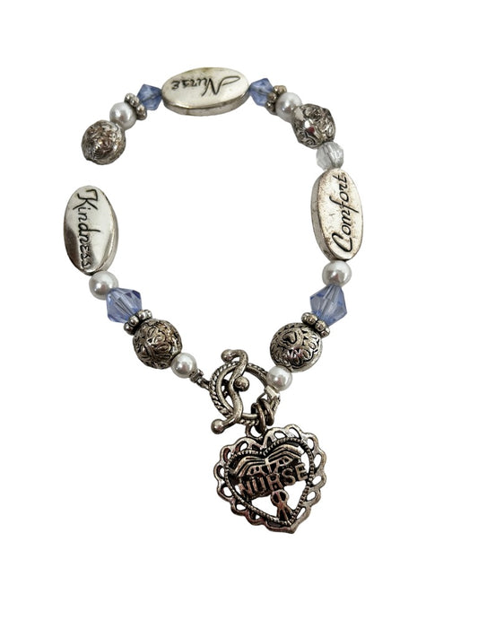 Nurse Silvertone Beaded 7.5" Bracelet Toggle Clasp Kindness Comfort