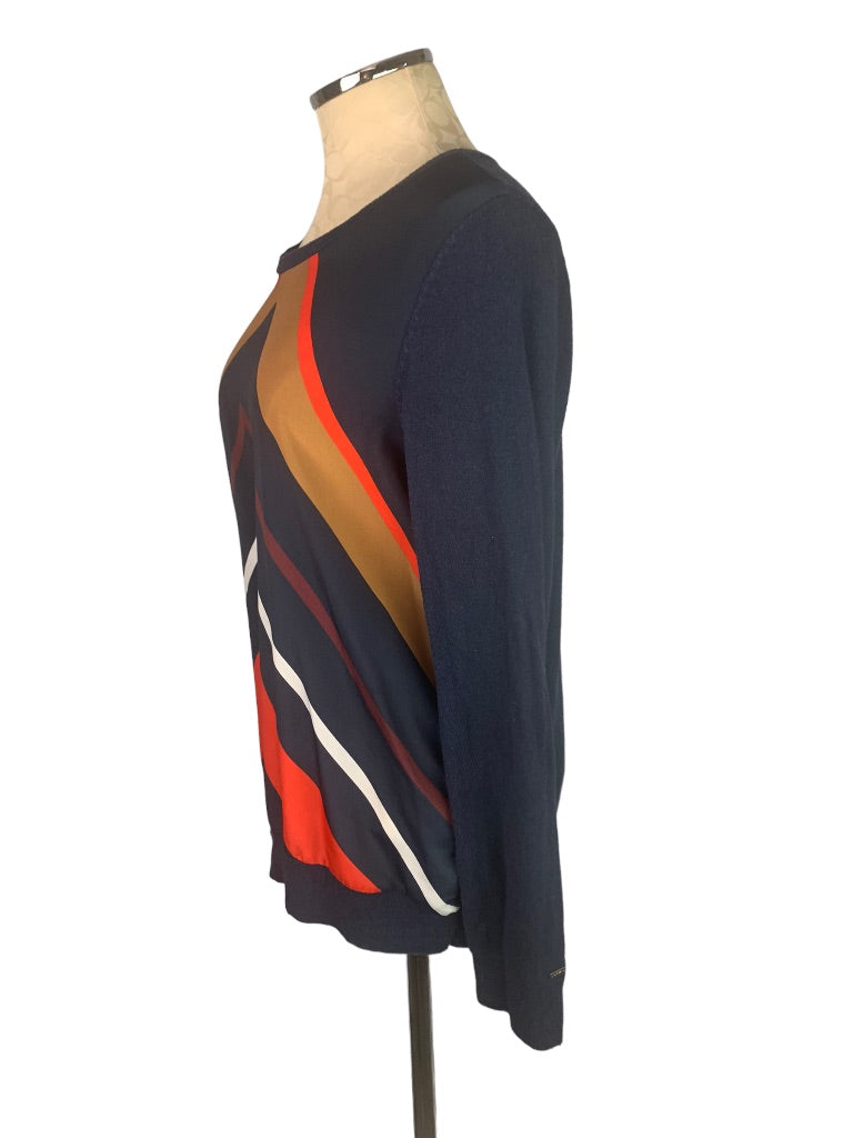 Large Tommy Hilfiger Women's Pullover Designer Print Mixed Fabric Sweater Navy Orange