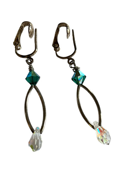 Silvertone Drop Earrings Green Clear Beaded Earrings