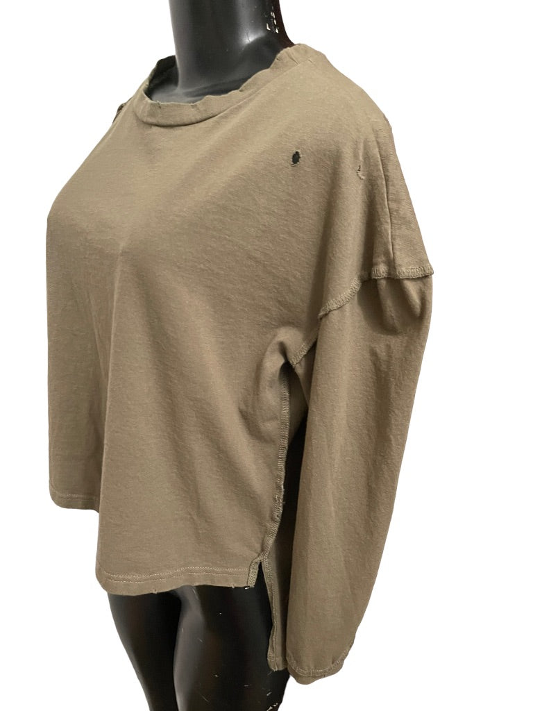 Medium Glam Los Angeles Long Sleeve Distressed Womens Top Olive Green High Low Hem