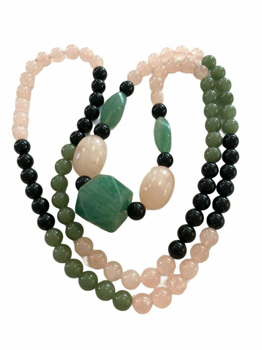 Rose Quartz Stone Gem Beaded 32" Pink Jade ? Onyx? Green Black Necklace