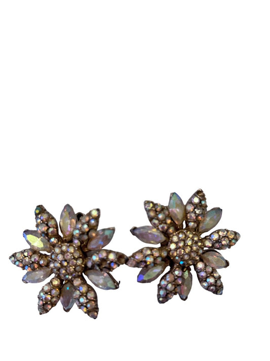Vintage Goldtone Clip On Non-Pierced Daisy Earrings Aurora Borealis and Rhinestone 1.25"